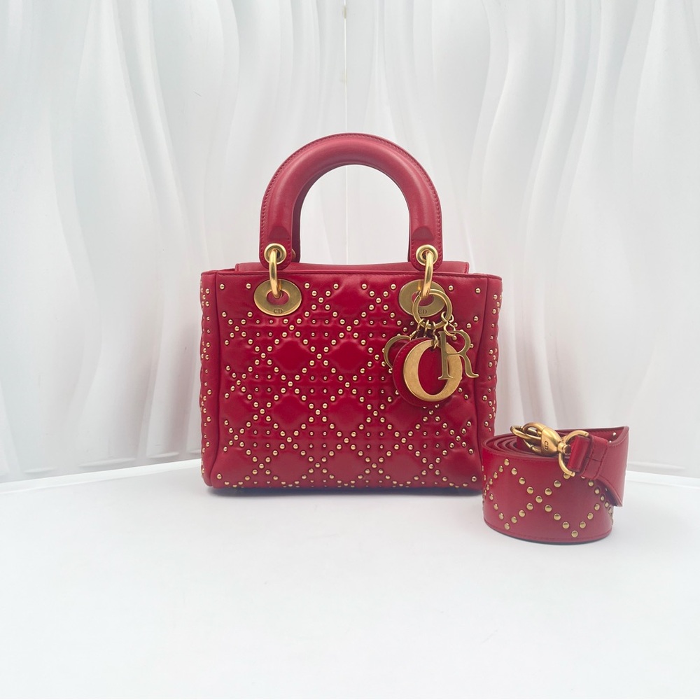 DIOR Lady Dior Medium Bag Red Lambskin with Gold Studs - Picture 1 of 15